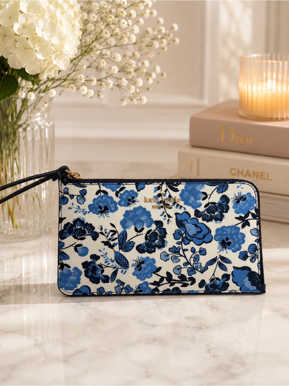 Kate Spade Peacock Plume Madison Blue Floral L-Zip Wristlet wallet NEW